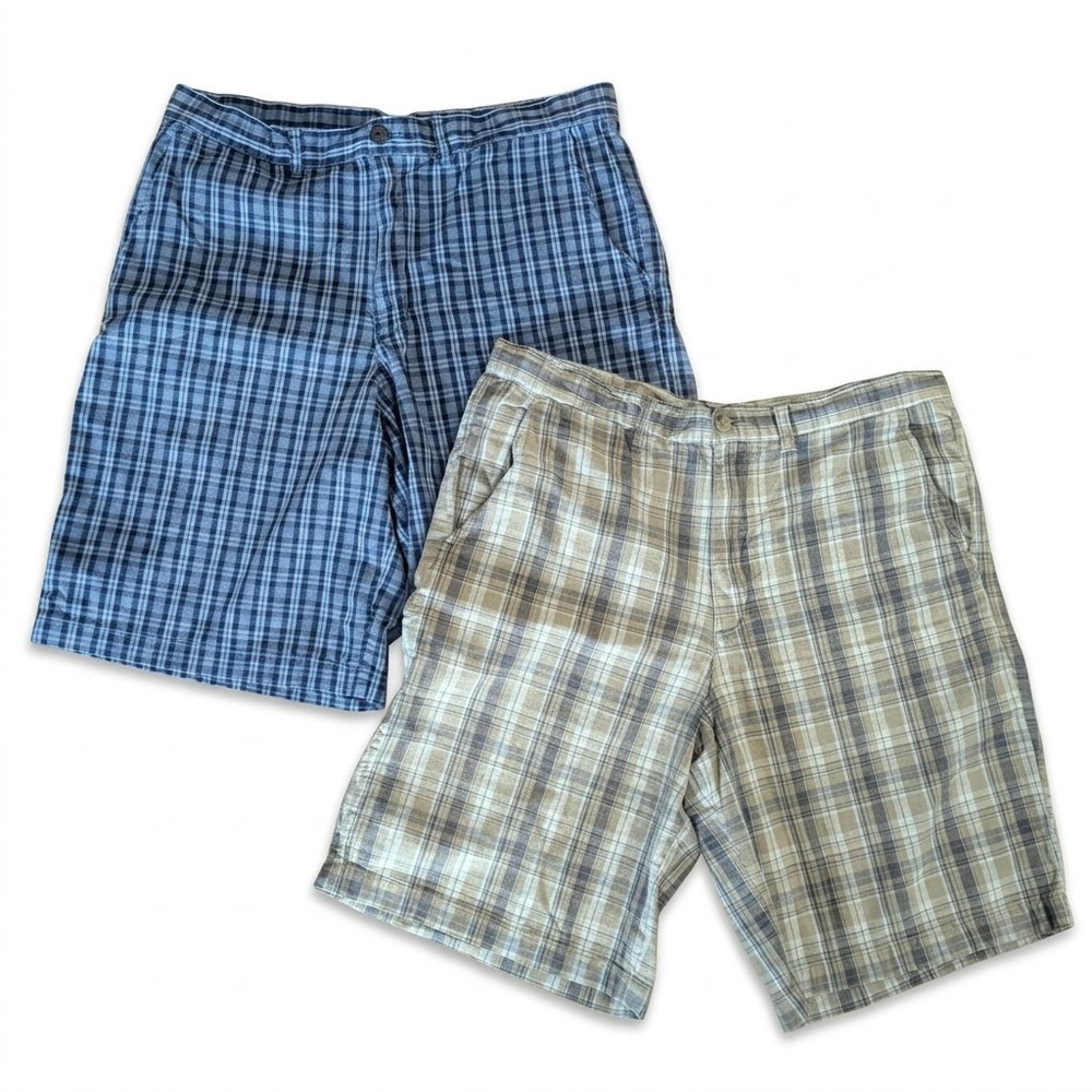 Men's Covington Plaid Shorts 1 Blue 1 Tan, Flat Front, 100% Cotton, Size 36 x 9"